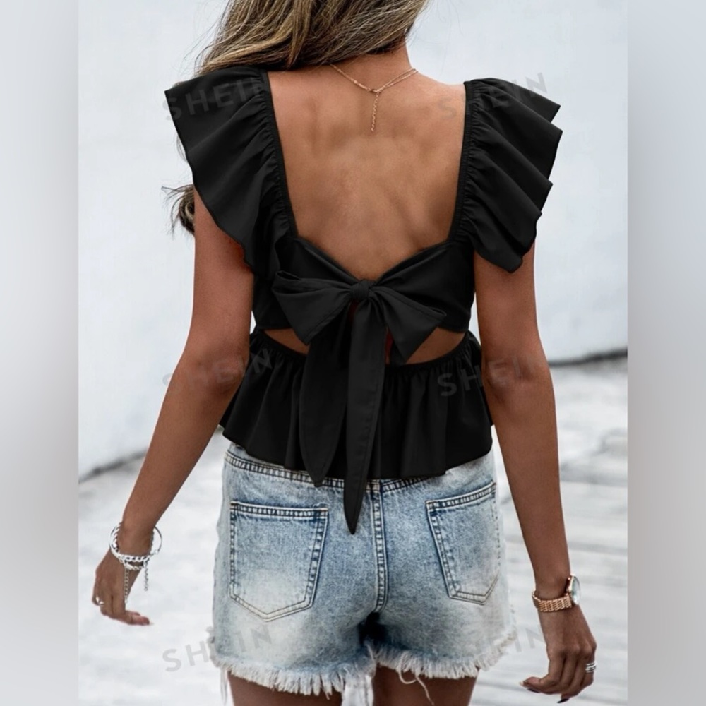 Tie back ruffle sleeve peplum